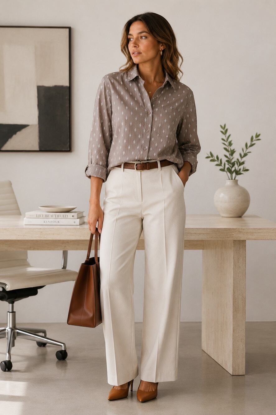 Garnet Hill Womens 6 NWT Organic Pima Cotton Button Down Shirt Taupe Print